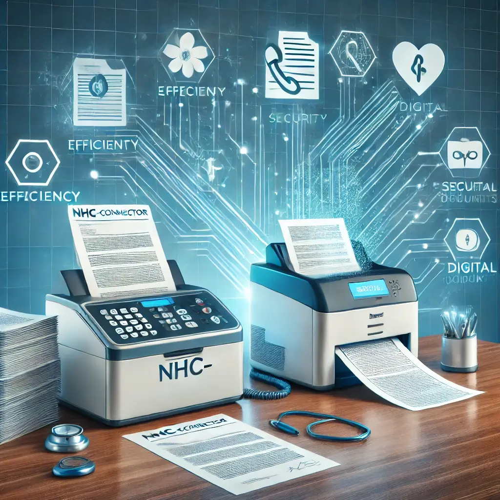 DALL·E 2024-10-15 11.59.14 – An image that showcases the concept of NHC-Connector’s digital fax solutions for medical practices. The image features a medical office environment wi