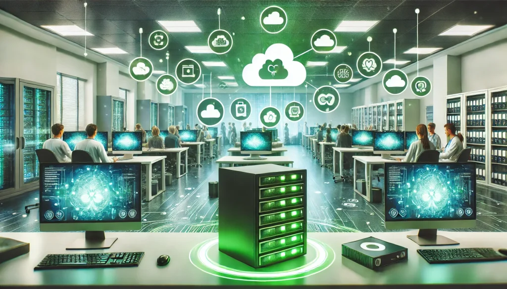 DALL·E 2024-10-15 14.49.28 – A wide modern medical office with computers and servers, focused on data backup systems. The scene includes glowing green symbols representing secure