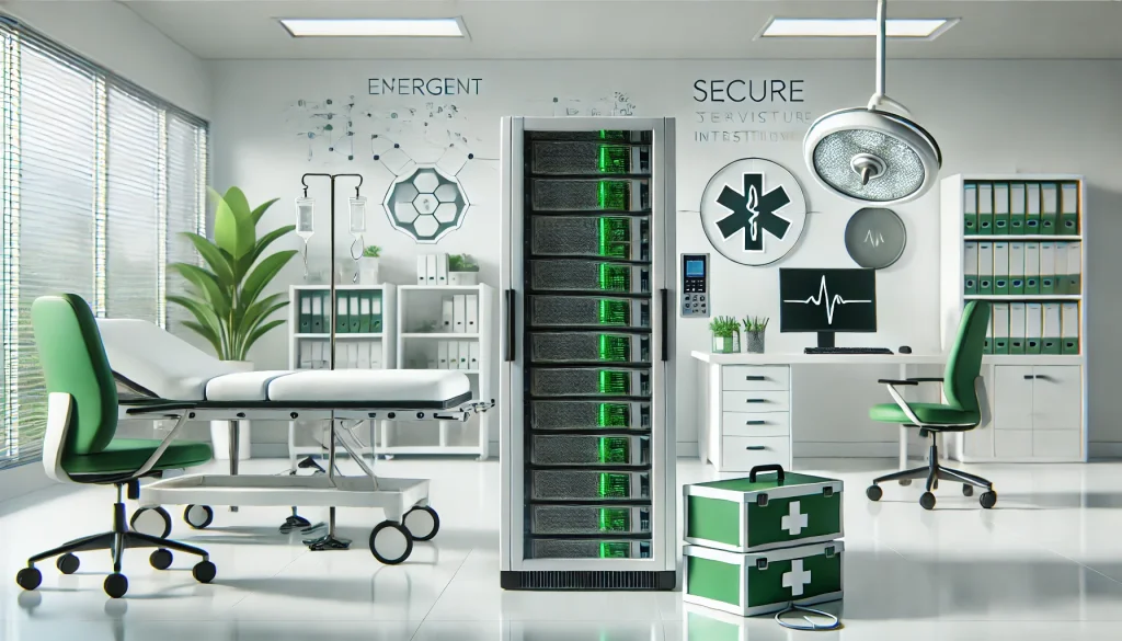 DALL·E 2024-10-16 11.42.26 – A modern medical office with a smaller server setup, focusing on the efficient and secure IT infrastructure necessary for healthcare environments. The