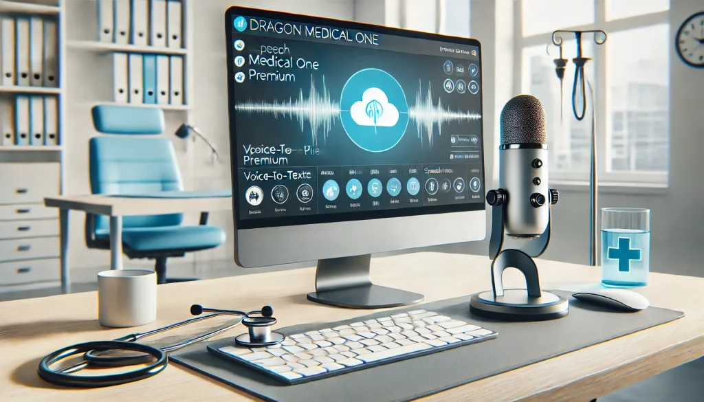 DALL·E 2024-10-16 11.59.40 – A modern healthcare office setup without any people, featuring a clean and sleek workspace with computers running Dragon Medical One software. On the