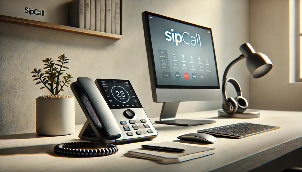 DALL·E 2024-11-22 14.58.56 – A minimalistic and professional office setting featuring a modern VoIP phone placed on a tidy desk, accompanied by a sleek HD headset resting on a hea